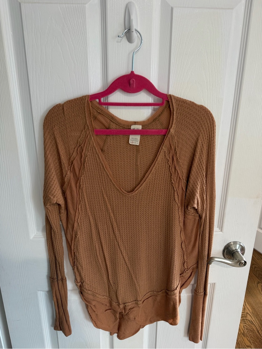 βFREE PEOPLEβ Waffle Knit V-Neck Long Sleeve Top - Brown